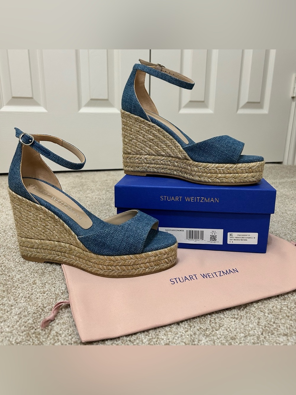 NEVER WORN Stuart Weitzman Nudistcurve Denim Espadrille Wedge Sandals Size 9